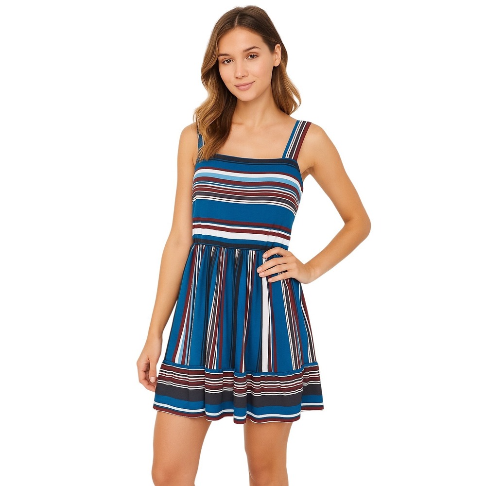 Poof New York Dress M Multicolor Striped Sleeveless Square Neck Stretch Trendy